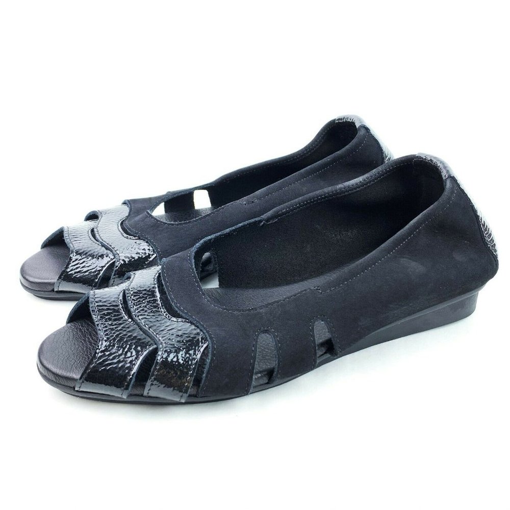 Arche Women's Black Suede/ Patent Ninova Peep Toe Wedges Flats